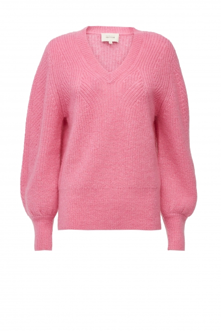 Sweter z dekoltem w szpic z wełną moherową różowy