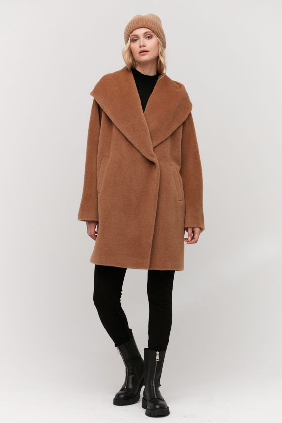 Wełniany płaszcz z kapturem alpaka luxury line camelowy